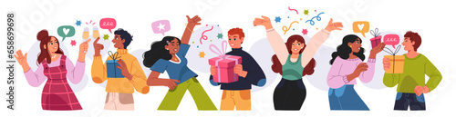 Grand opening ceremony celebration or other big ceremony event concept. Illustrations of excited happy people celebrating an event. Vector