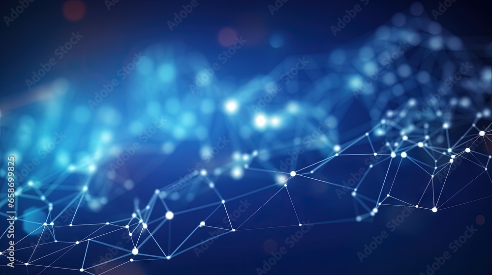 Abstract technology network with connected line dots on blue polygon background