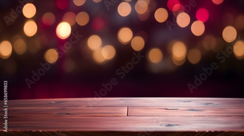 Close up of a wooden Table in front of red Bokeh Lights. Festive Backdrop with Copy Space