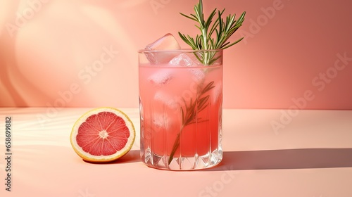 Beige background mocktail Paloma with grapefruit soda lime garnish and rosemary sprig Close up photo