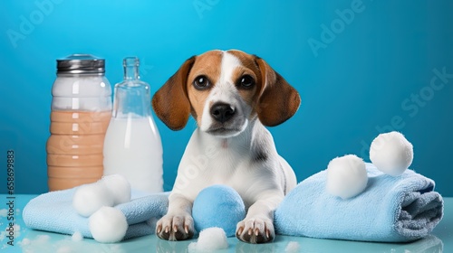 Clean beagle in a towel wit...