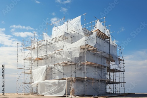 A scaffolded construction against a clear sky. Concept for renovation. Generative AI