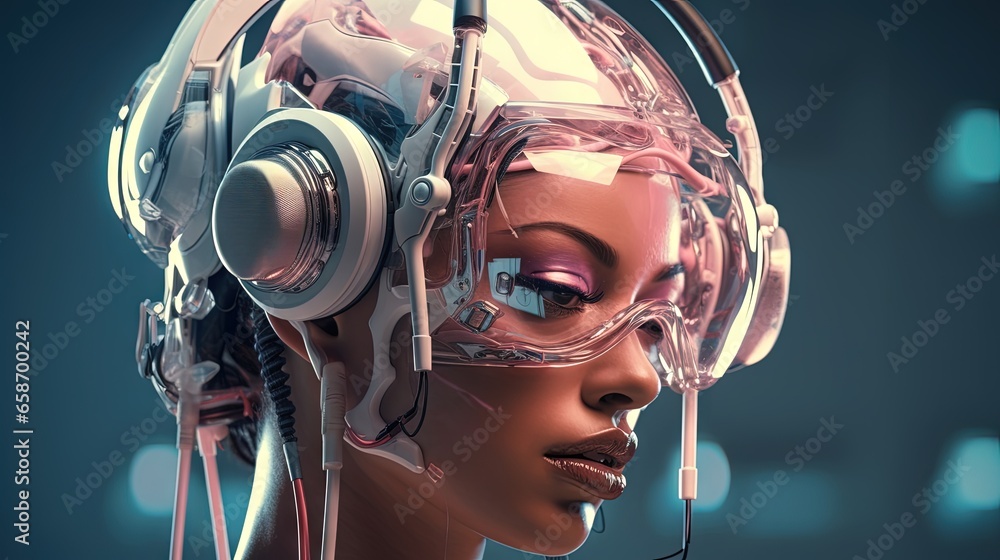 Female cyborg with goggles or headset in a 3D rendering Female cyborg with goggles or headset in a 3D rendering