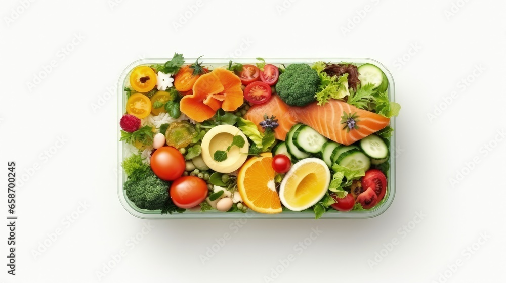 Healthy and delicious school lunch box isolated on white seen from above