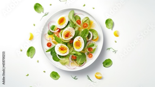 Calamari salad with veggies and eggs on white background with leaf shadows Summer menu