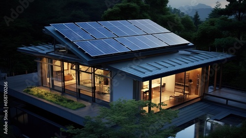 Home with rooftop solar panels actively generating energy