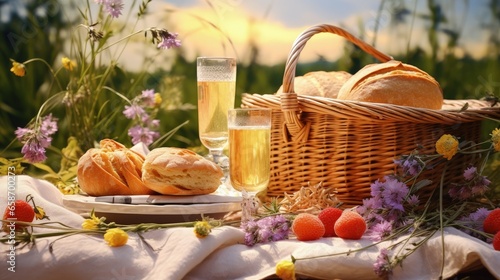 Enjoying a delightful picnic in a lavender field with wine fruit and pastries