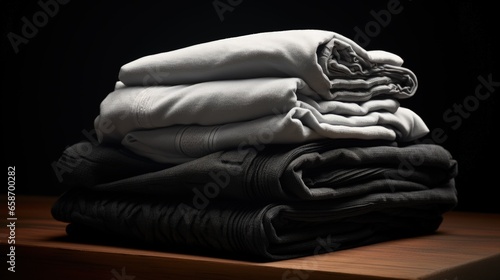 Industrial laundry providing cleaning services for hospitals and hotels with stacks of folded black and white cloths