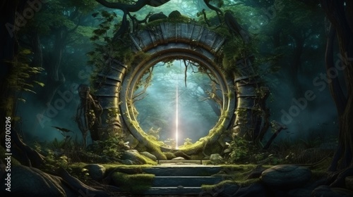 Enchanting forest teleport with a magical stone portal to other worlds and a mystical altar