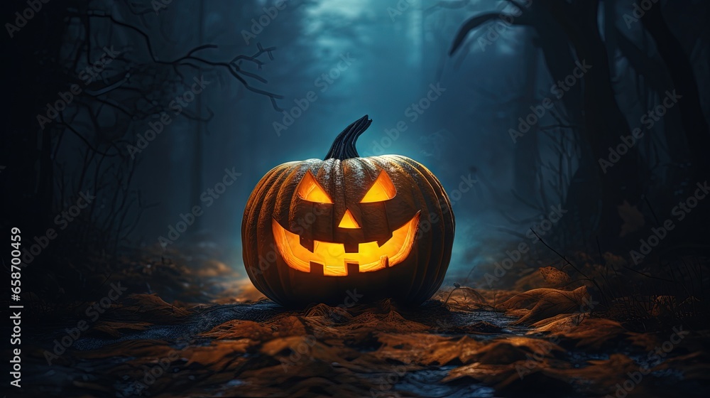A bright pumpkin in a spooky forest on Halloween A bright pumpkin in a spooky forest on Halloween