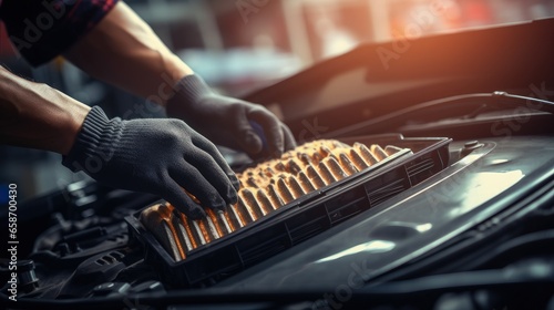 Maintaining car care service by checking cleaning and replacing car air filters photo