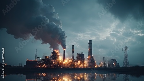 Industrial factory emissions from natural gas contribute to smokestack pollution in the atmosphere This occurs in industrial zones where factories release smoke plumes exacerbating the global e