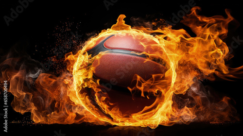 An intense and dramatic image capturing a sport ball engulfed in flames against a stark black background, radiating energy and passion. © Mosaic Media
