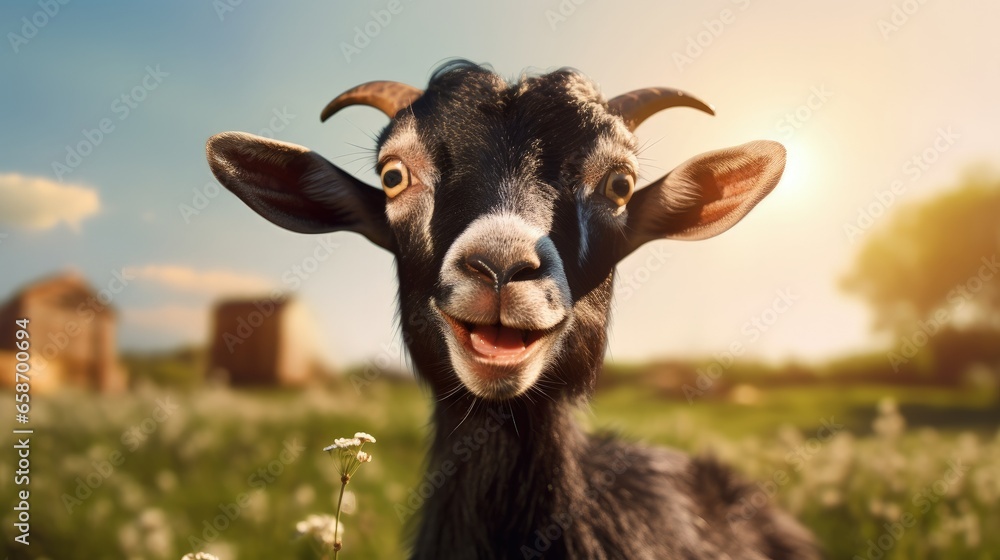 Adorable black and brown goat singing outside in a farm zoo or park Adorable black and brown goat singing outside in a farm zoo or park
