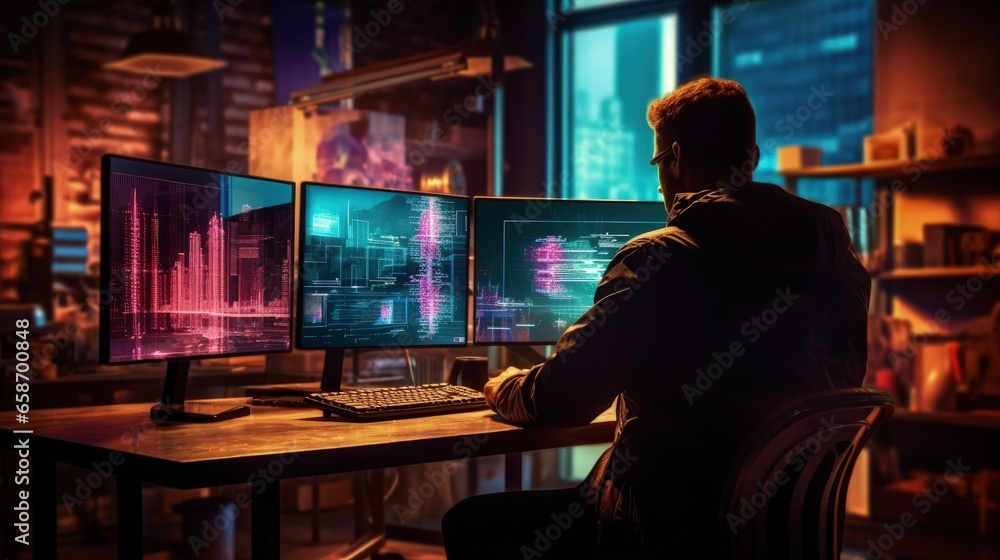 Hacker using computer with business chart on office background depicting online banking safety hacking and finance