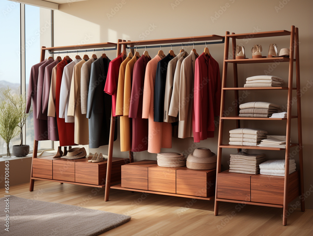3D model of a wooden wardrobe with an open concept design where the hanging clothes can be seen.