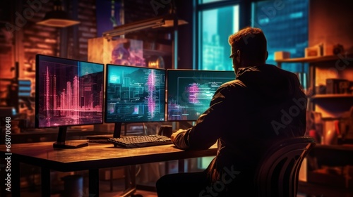 Hacker using computer with business chart on office background depicting online banking safety hacking and finance