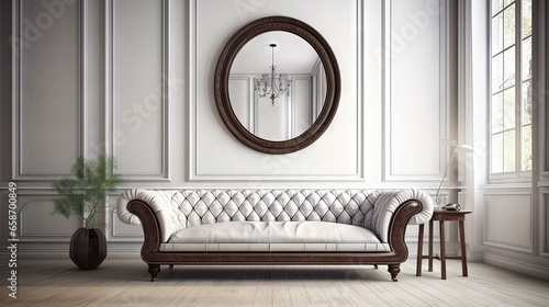 Daylit room with white interior classic sofa and round floor mirror photo