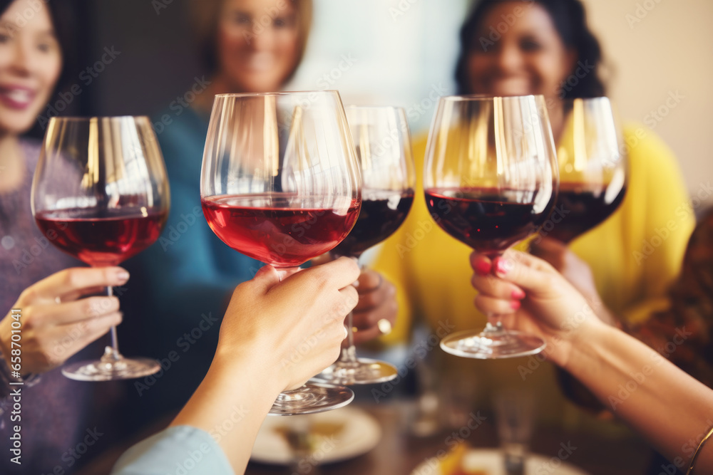 Group of friends toasting with red wine glasses at a festive lunch party