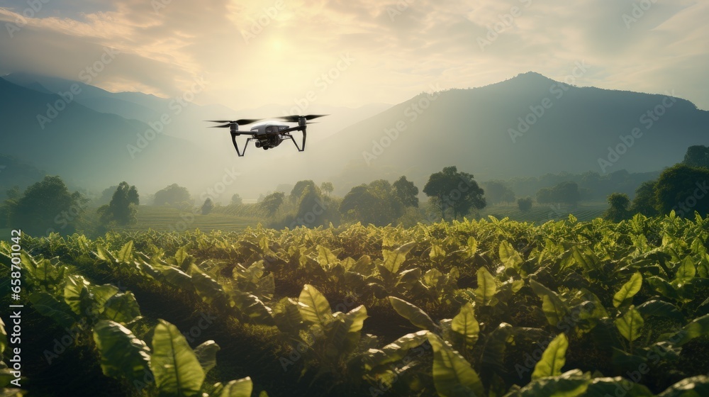 Fototapeta premium Aerial drone gathers data in tobacco agriculture