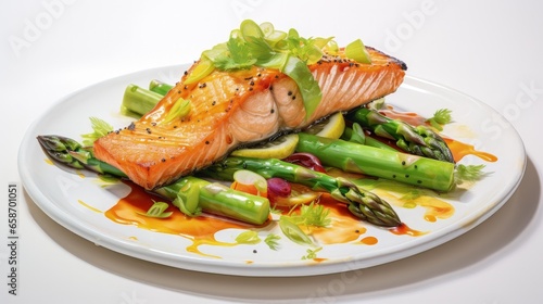 Grilled salmon and vegetables on a white plate