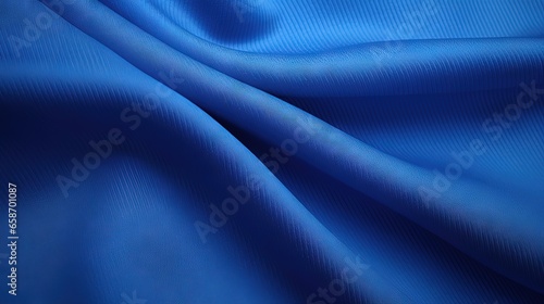 Close up top view of textured fabric of a blue sports jersey photo