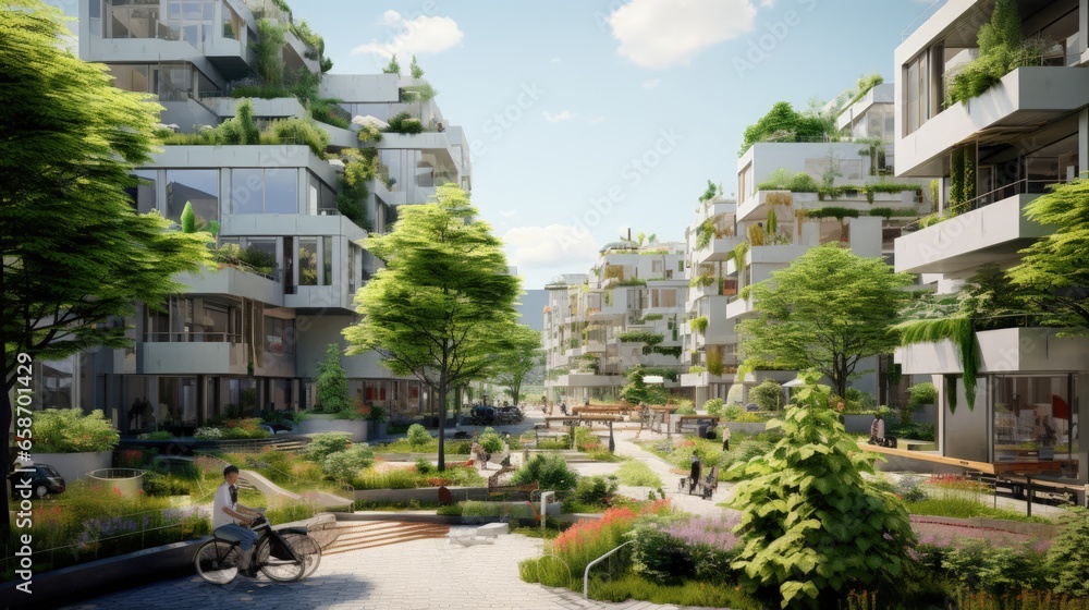 Fototapeta premium Ecologically sustainable residential area with green buildings and low energy apartments