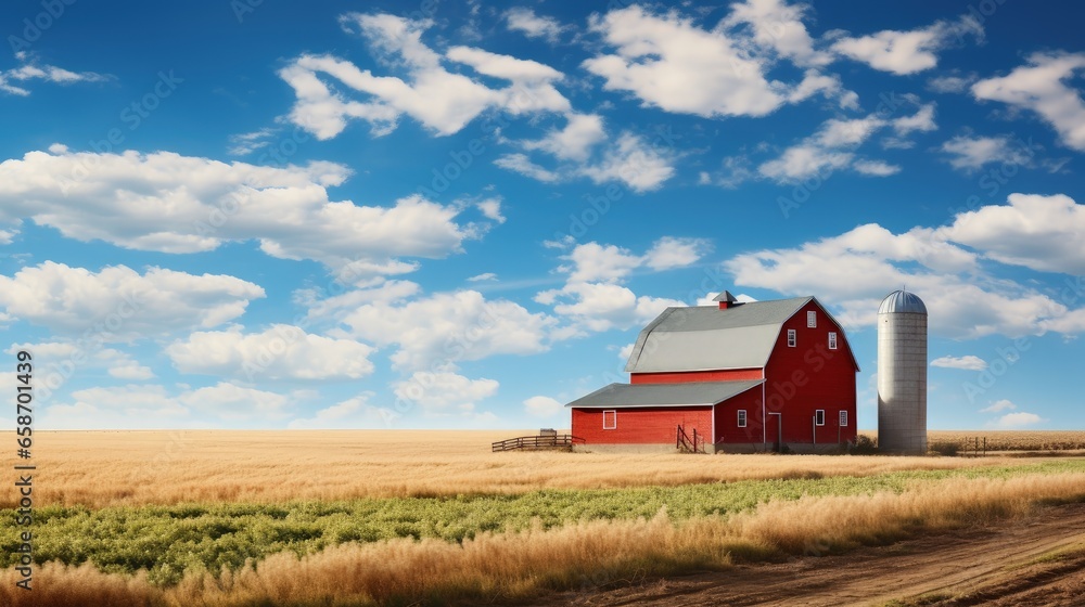 American rural landscape with red barn and blue sky - obrazy, fototapety, plakaty 