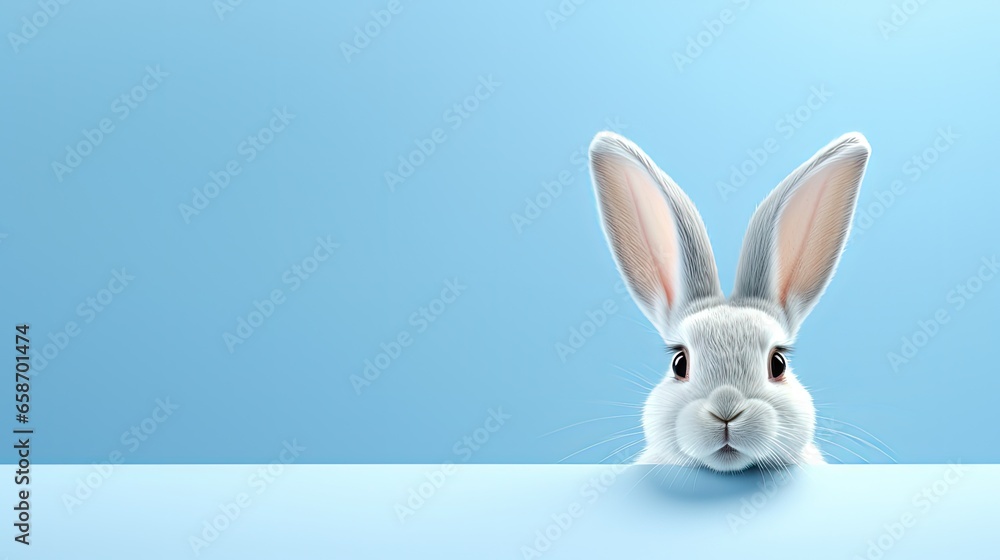 3D rendering of a pastel blue background with a white rabbit ear for Easter day 3D rendering of a pastel blue background with a white rabbit ear for Easter day