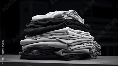 Industrial laundry providing cleaning services for hospitals and hotels with stacks of folded black and white cloths photo