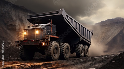 Dump truck pictured on open pit coal mine used for transporting coal as mining machinery