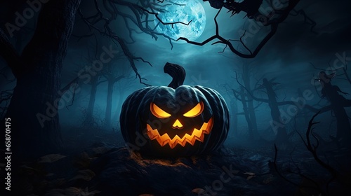 Halloween themed spooky design featuring a pumpkin moon and forest with copyspace