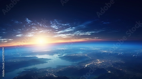 Earth s view against a blue sunrise from space