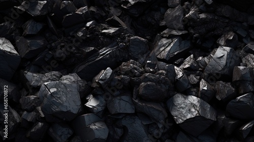 Closeup view of a pile of dark coal showing mineral deposits