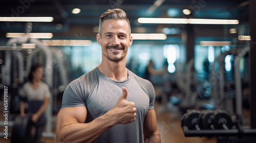 A fitness coach, in a gym setting, enthusiastically holds both thumbs up, exuding positivity and motivation, with a blurred gym background.