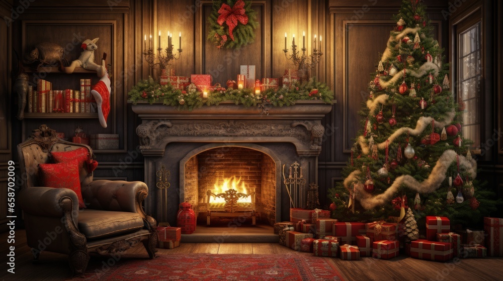 Festive living room with fireplace and holiday decor