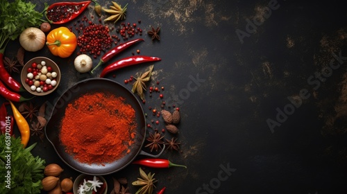 Ingredients needed empty cast iron skillet pepper and spices Food theme with space for text