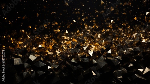 Golden geometric confetti falling on black background, metallic cubes and triangles