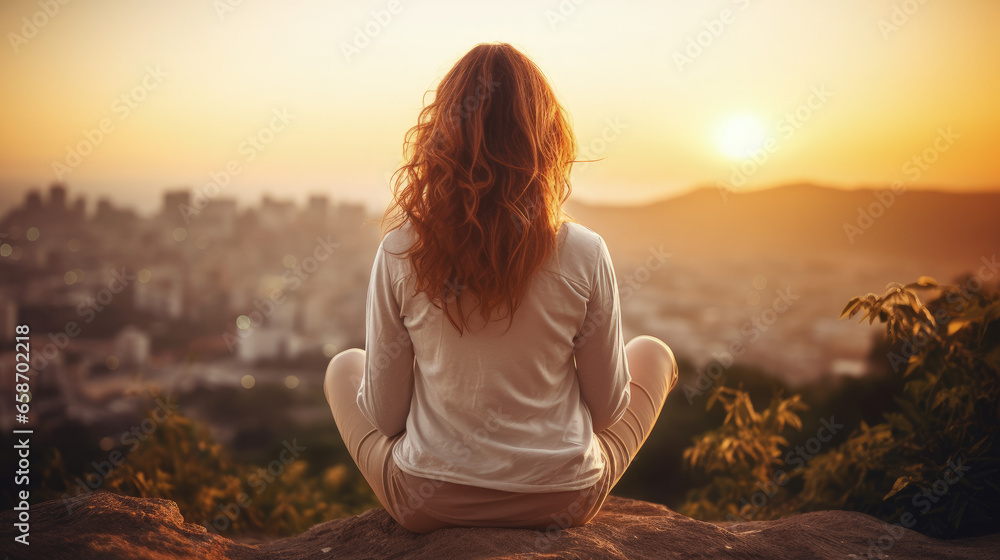 A calm woman meditating at sunset, with a blurred background, representing stress relief and mental wellness.