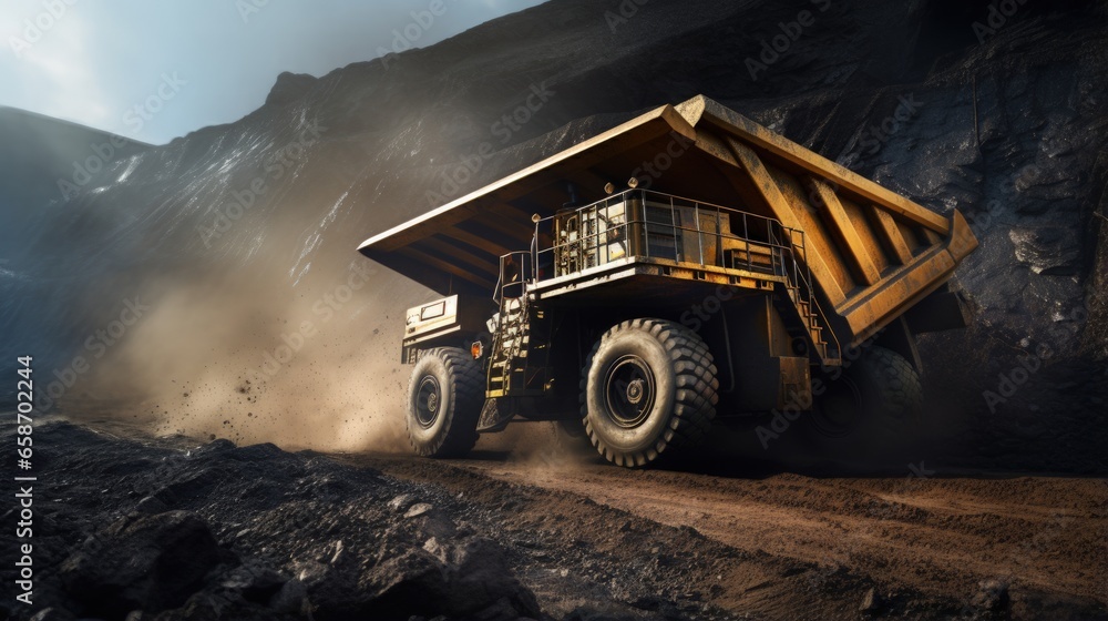 Dump truck pictured on open pit coal mine used for transporting coal as mining machinery - obrazy, fototapety, plakaty 
