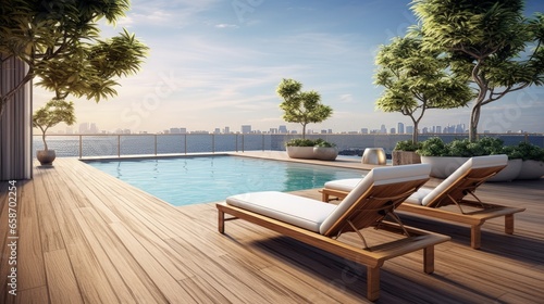 Modern building with sea view 3D rendering of a swimming pool terrace with wooden floors and rattan sun bed © vxnaghiyev