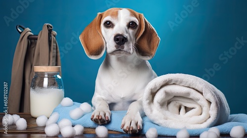 Clean beagle in a towel wit...