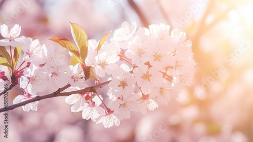 Abstract background with blooming tree sunny day and spring flowers