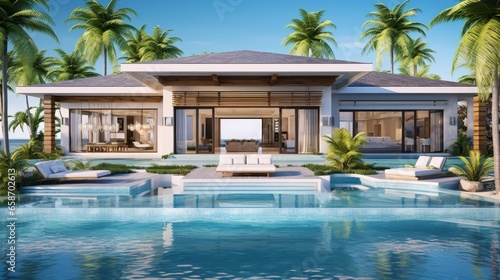Luxurious decor house with large pool pergola palm trees and whirlpool 3D illustration © vxnaghiyev