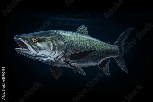 Detailed depiction of a sizable tarpon fish in front of a dark backdrop. Generative AI