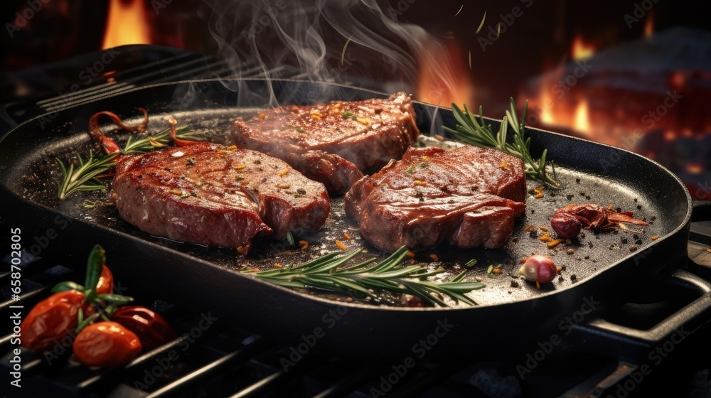 Chef grilling seasoned steak wrapped in bacon