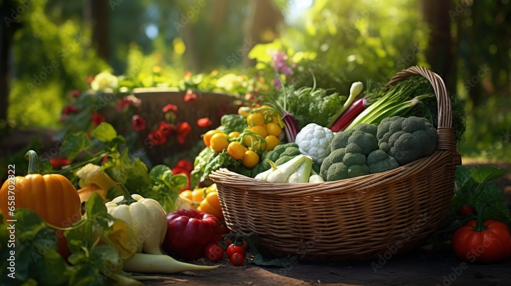 Assorted organic vegetables in a garden wicker basket - obrazy, fototapety, plakaty 