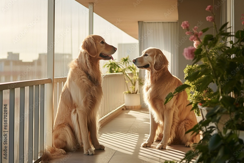 Two elderly golden retriever dogs standing on a balcony in a contemporary apartment complex. Generative AI - obrazy, fototapety, plakaty 