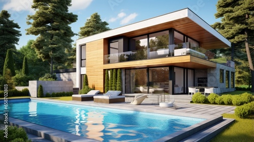 3D rendering of a modern house with parking and pool available for sale or rent featuring a wooden facade and attractive landscaping set against a sunny blue sky © vxnaghiyev