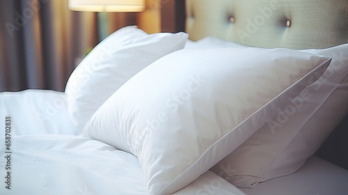 Clean pillowcases on anatomical pillows with latex memory foam material in a hotel room promoting healthy sleeping recreation and relaxation in a bedroom with white linen © vxnaghiyev